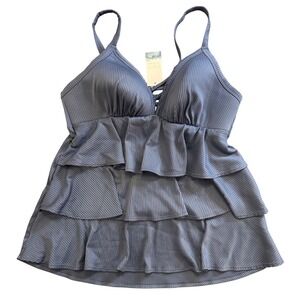 Cacique Swim Blue Ribbed Ruffle Tankini Swim Top Size 14 Top Only